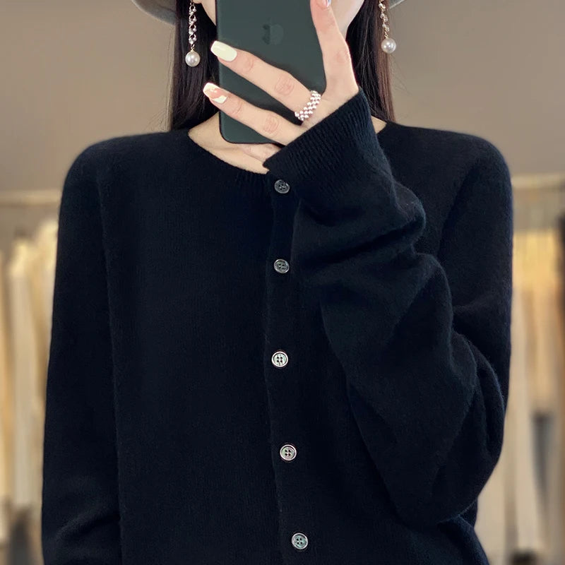 Cardigan Sweater O-Neck Button 100% Merino Wool