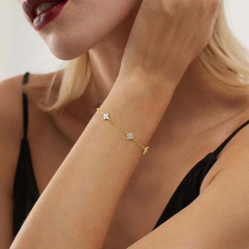 925 Silver Plated Cz Four-leaf Flower Bracelet