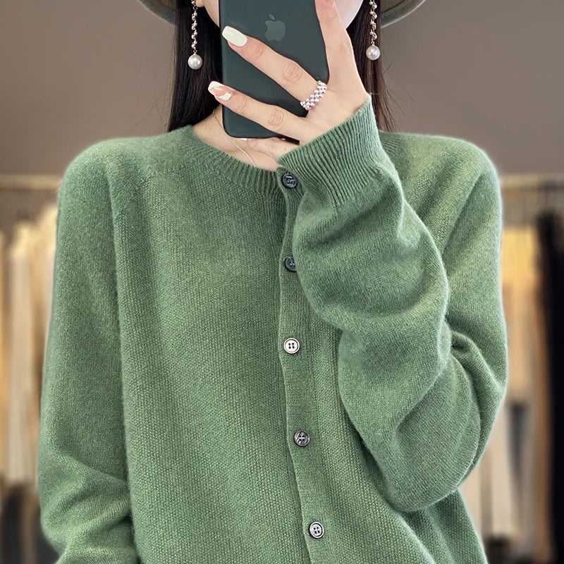 Cardigan Sweater O-Neck Button 100% Merino Wool