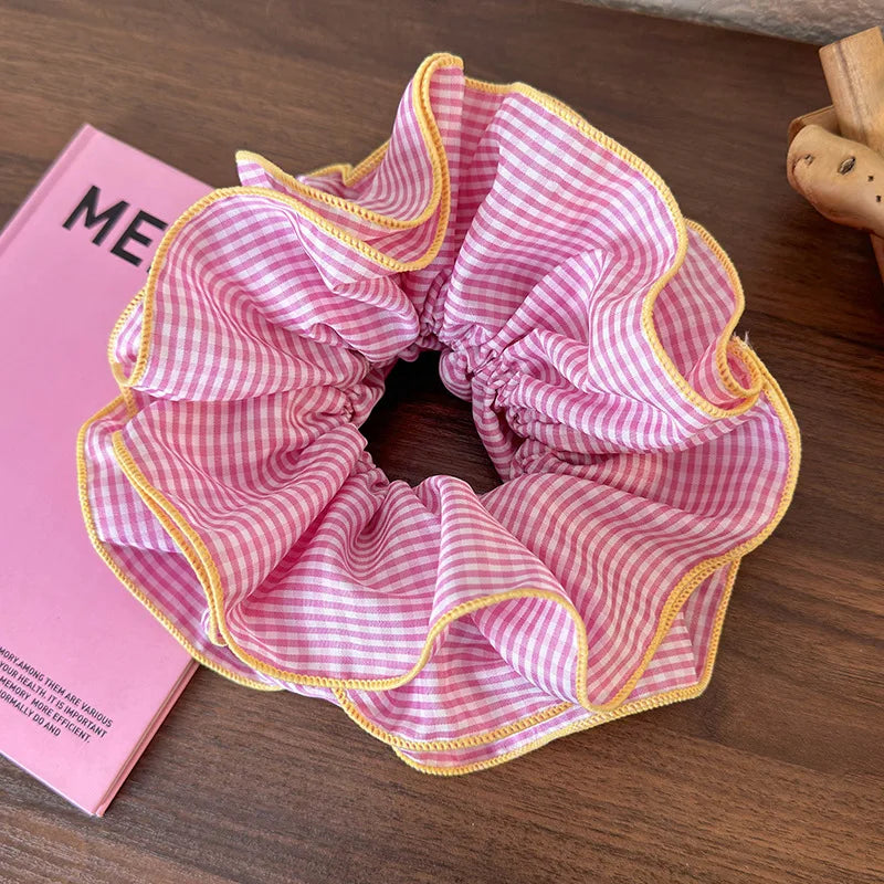 Retro Colorful Lattice Ruffles Hair Scrunchies Headbands