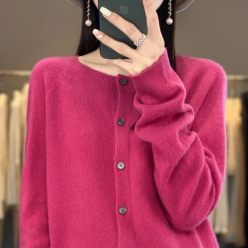 Cardigan Sweater O-Neck Button 100% Merino Wool