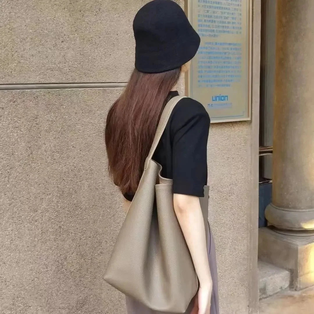 Soft Leather Bucket Bag Large Capacity Commuter Women's Single Shoulder Handbag Neutral Minimalist Style Open Pocket Design