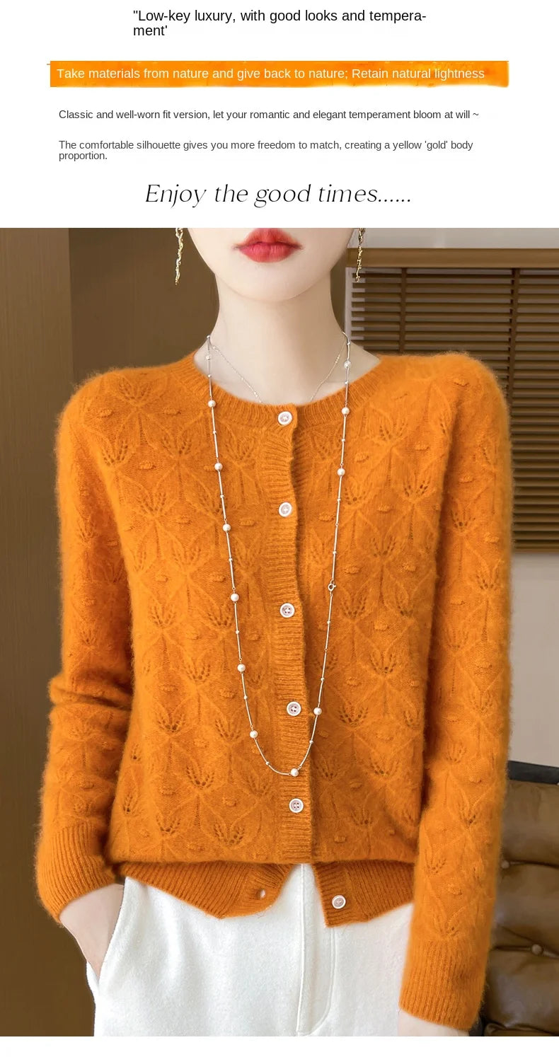 Round Neck Hollowed Out 100 Wool Knitted Cardigan