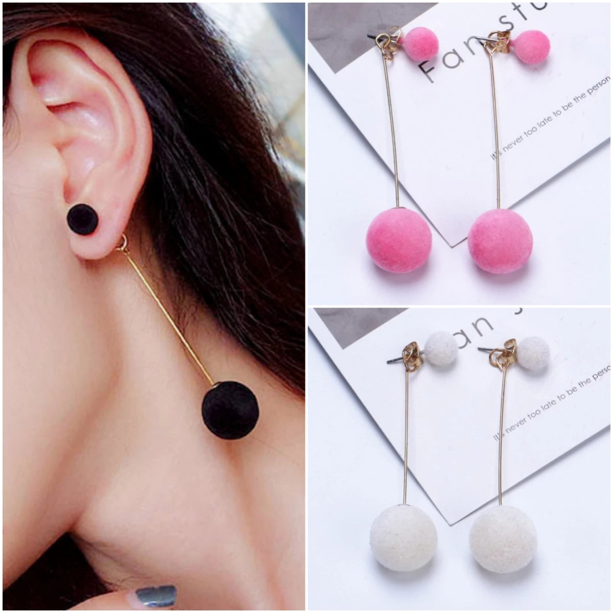 Cute Double Faux Fur Ball Dangle Drop Earrings