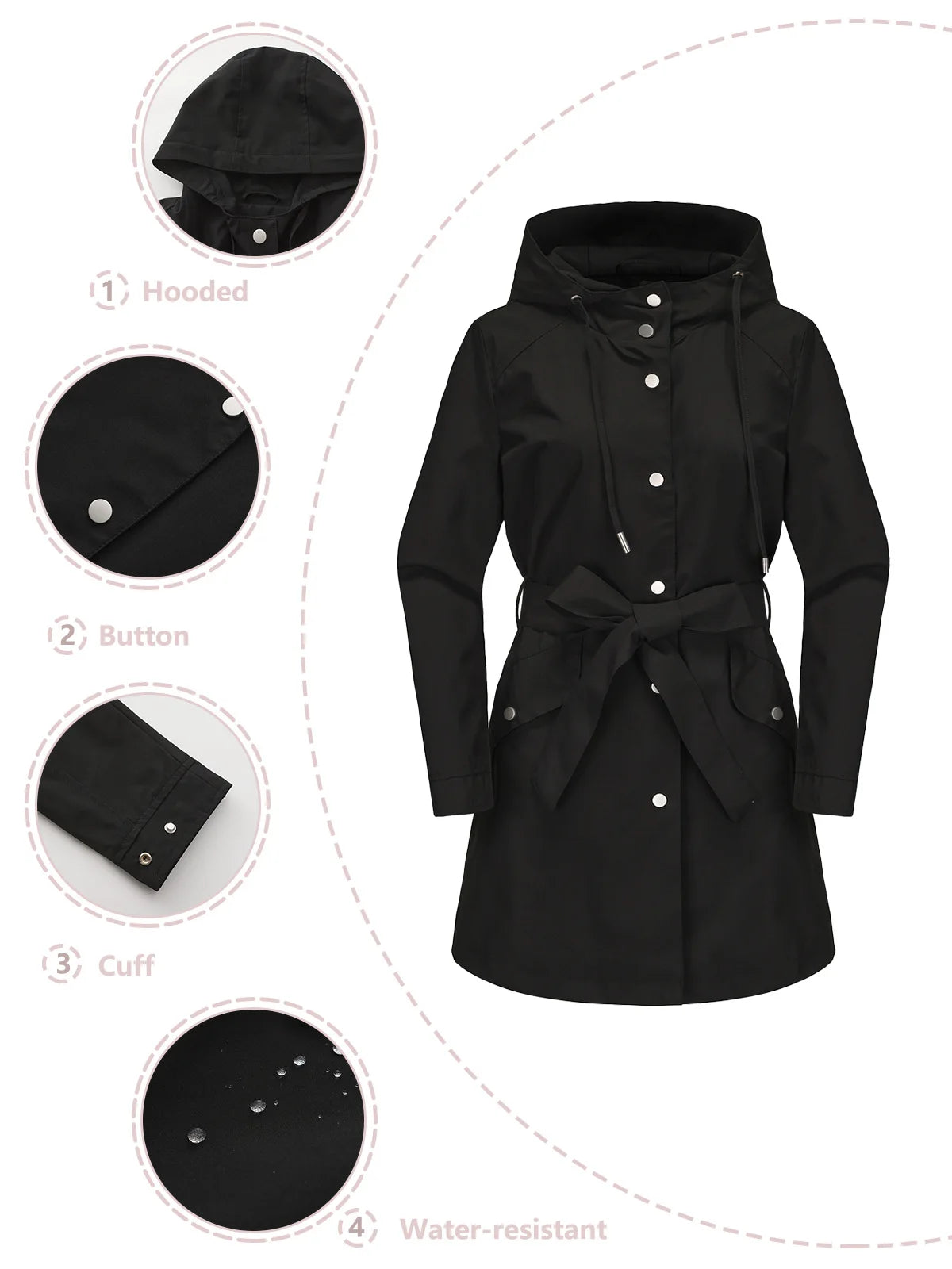 Hooded Water-repellent Jacket with Belt Thin Casual Loose Trench Coat