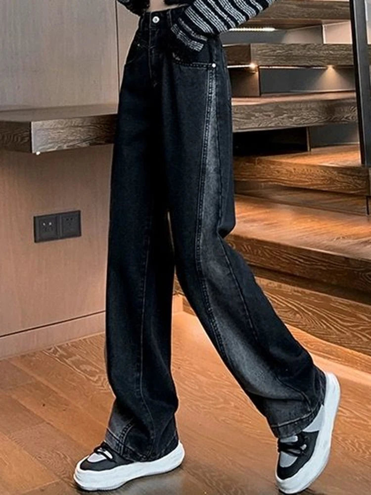 Woman High Waist Jeans Lady American High Street Patchwork