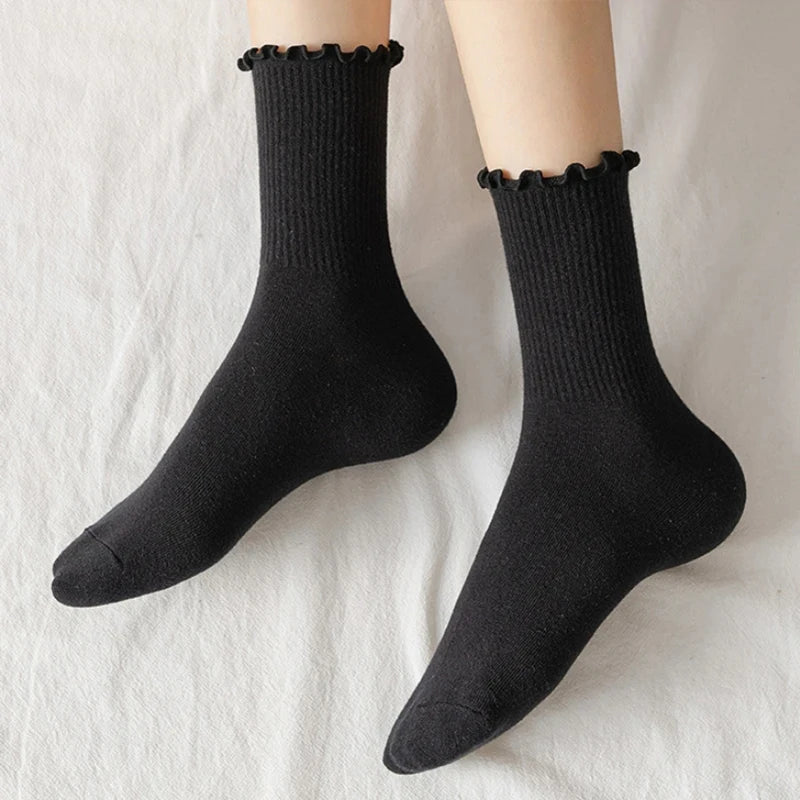 5 pair /Lot Socks for Women Ruffle Cotton Middle Tube Ankle