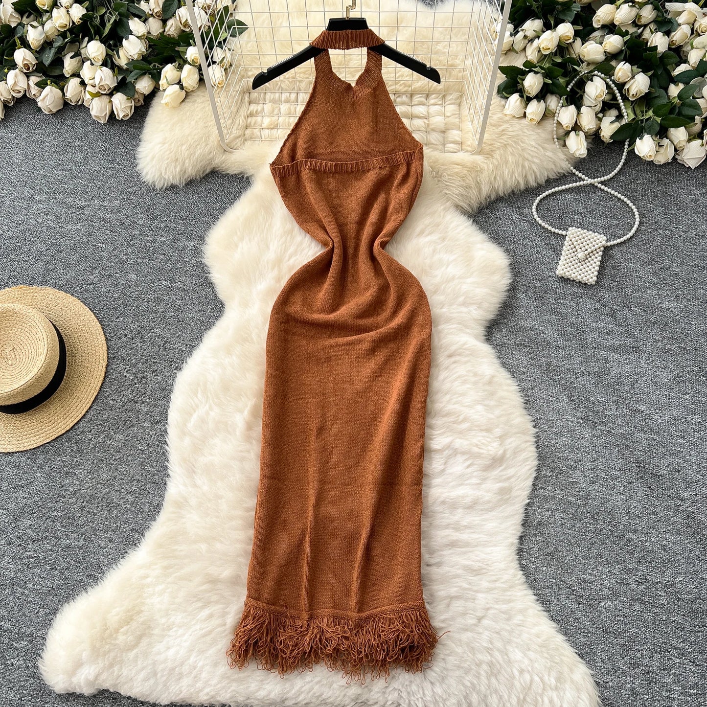 Sexy Halter Tassels Split Sleeveless Bodycon
