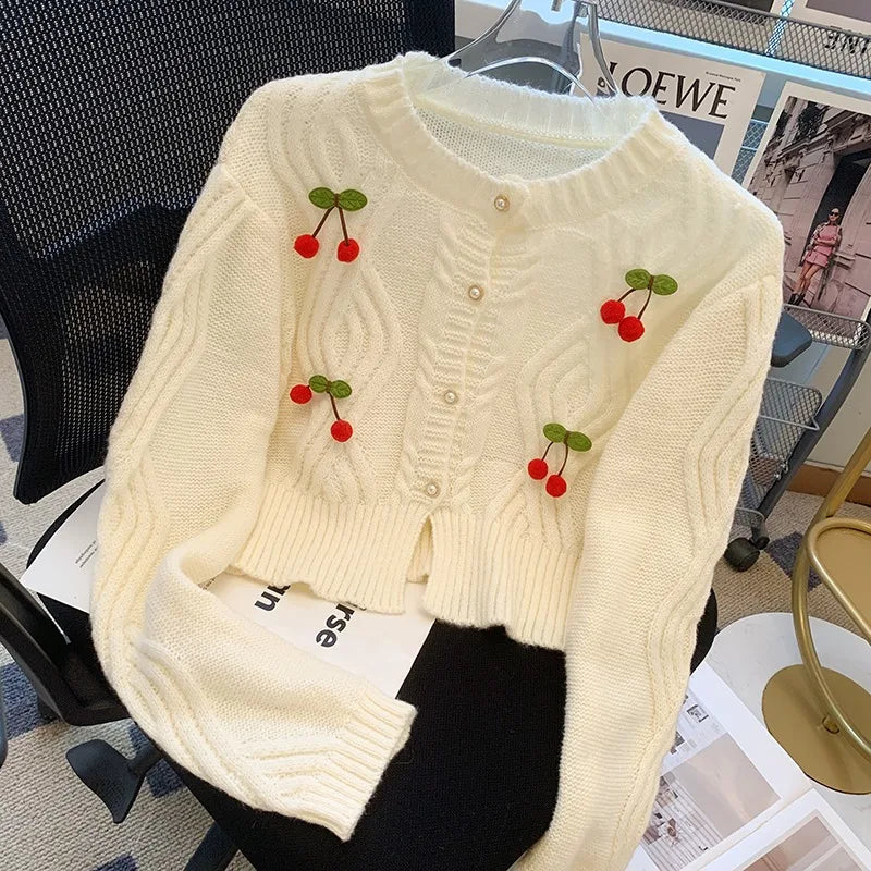 Women Cardigans 2024 New Korean Fashion Cherry Design