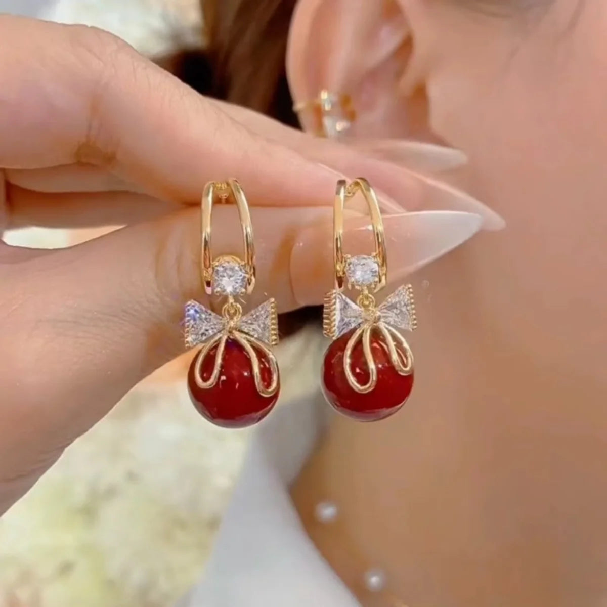 Korean Unique Design Zircon Bow Drop Earrings
