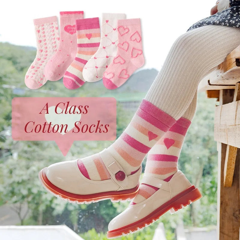 Baby Girls Cotton Socks 5 Pairs Pink Sweet Love Pattern