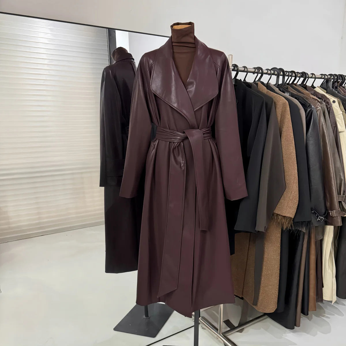 French temperament large lapel collar medium and long leather jacket