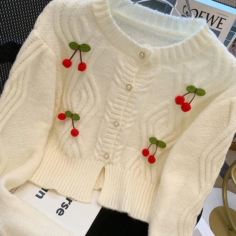 Women Cardigans 2024 New Korean Fashion Cherry Design