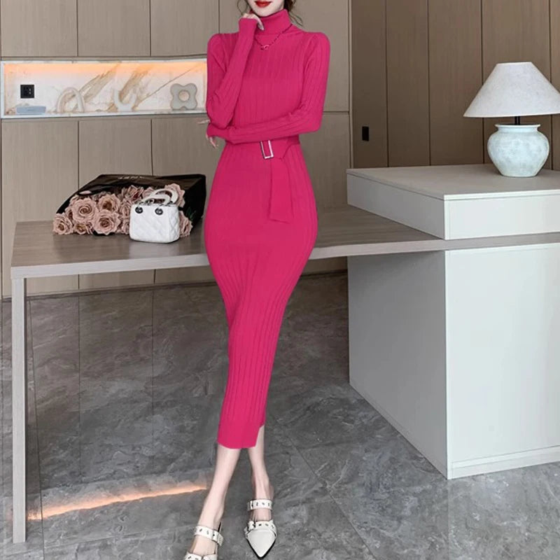 Maxi Dress 2024 Autumn Winter Turtleneck Sweater Dress