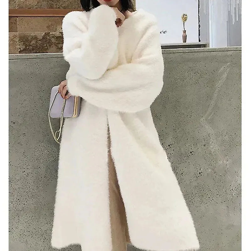white Long Cardigan Knitted fluffy long sleeve