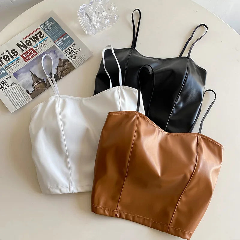 Women PU leather camis underwear padded bra