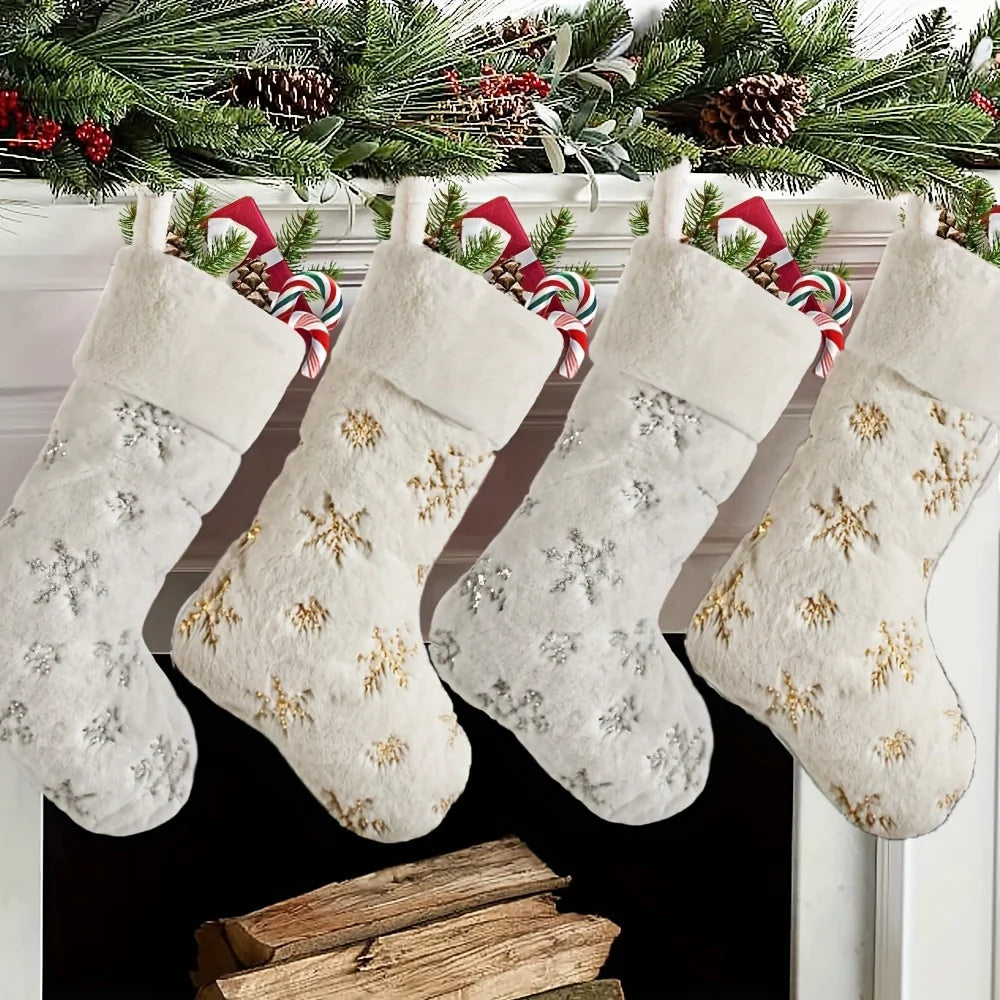 Christmas Stocking, 16 Inch Plush Faux Fur Sock with Snowflake Sequins, Holiday Tree Wall Fireplace Home Decor
