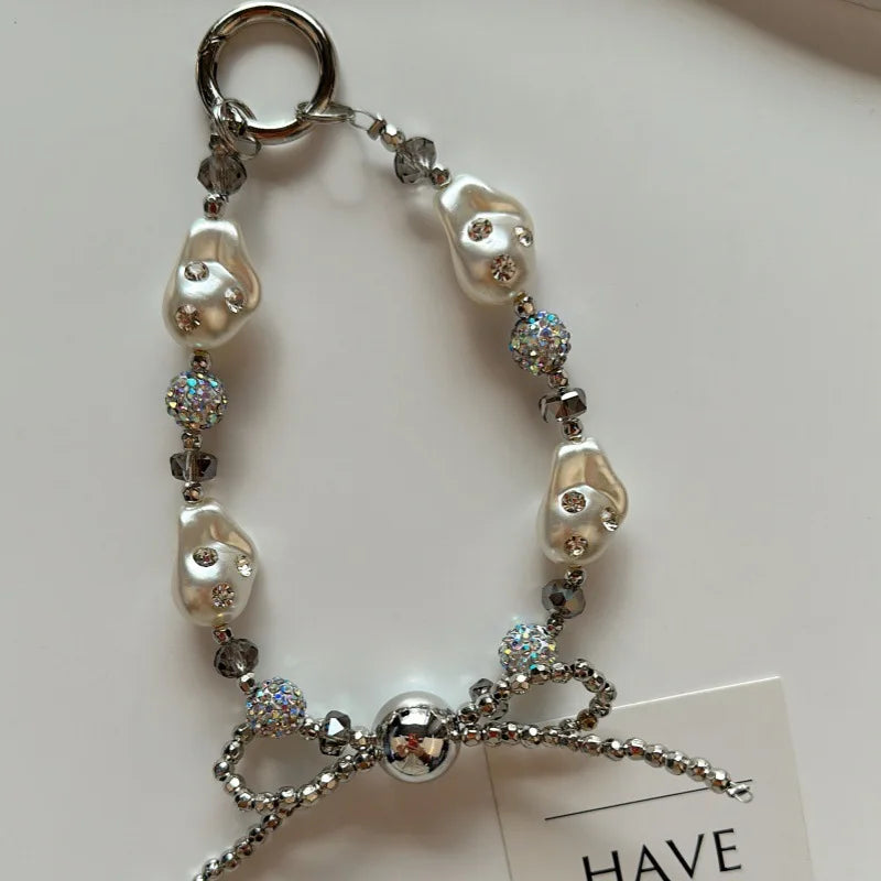 Luxury Pearl Crystal Bead Key Chains Charm Rhinestone Lanyard