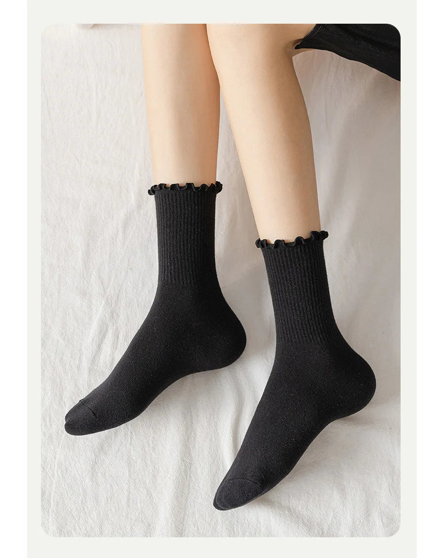 5 pair /Lot Socks for Women Ruffle Cotton Middle Tube Ankle