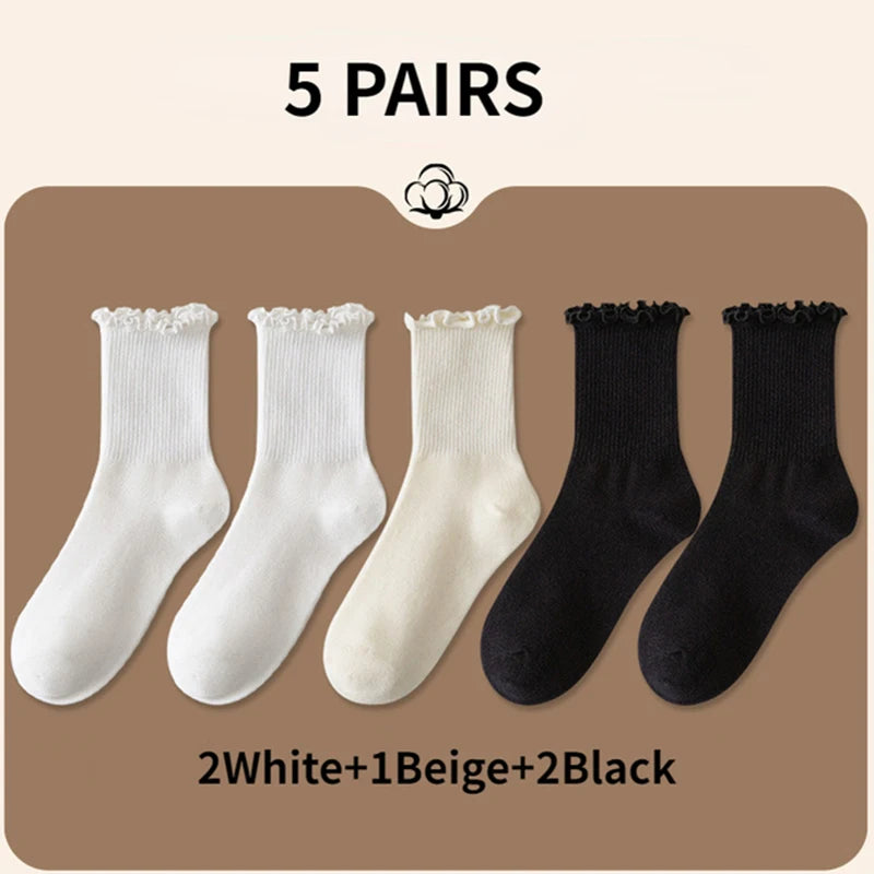 5 pair /Lot Socks for Women Ruffle Cotton Middle Tube Ankle