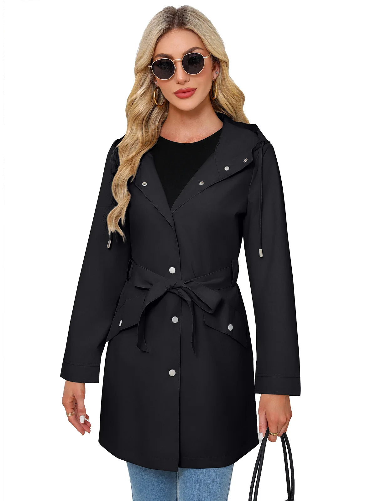 Hooded Water-repellent Jacket with Belt Thin Casual Loose Trench Coat