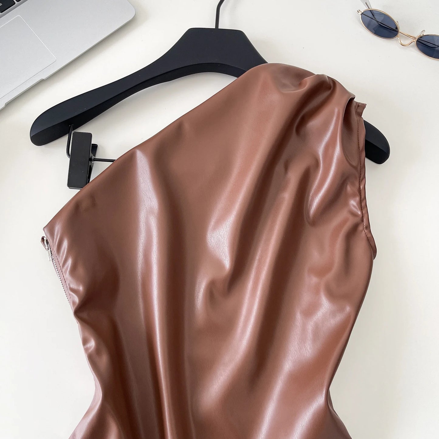 SINGREINY One Shoulder PU Leather Tank