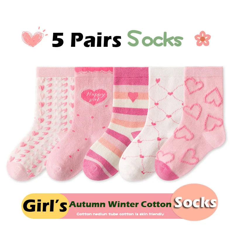 Baby Girls Cotton Socks 5 Pairs Pink Sweet Love Pattern