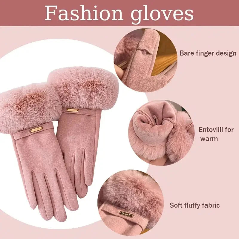 3Pcs Women Winter Warm Furry Hat Gloves Scarf Hat Set