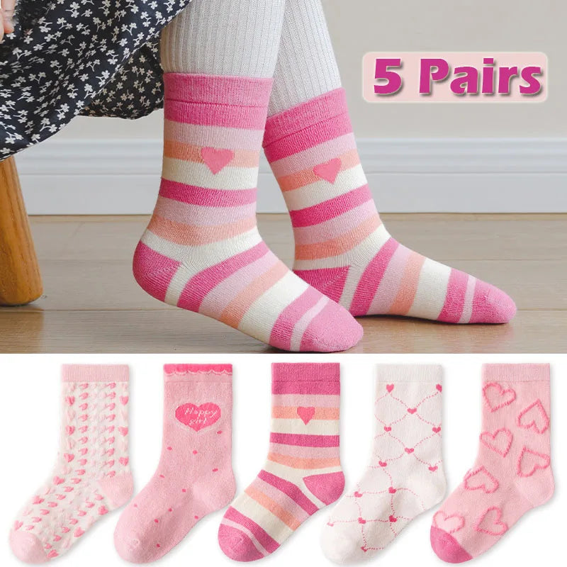 Baby Girls Cotton Socks 5 Pairs Pink Sweet Love Pattern