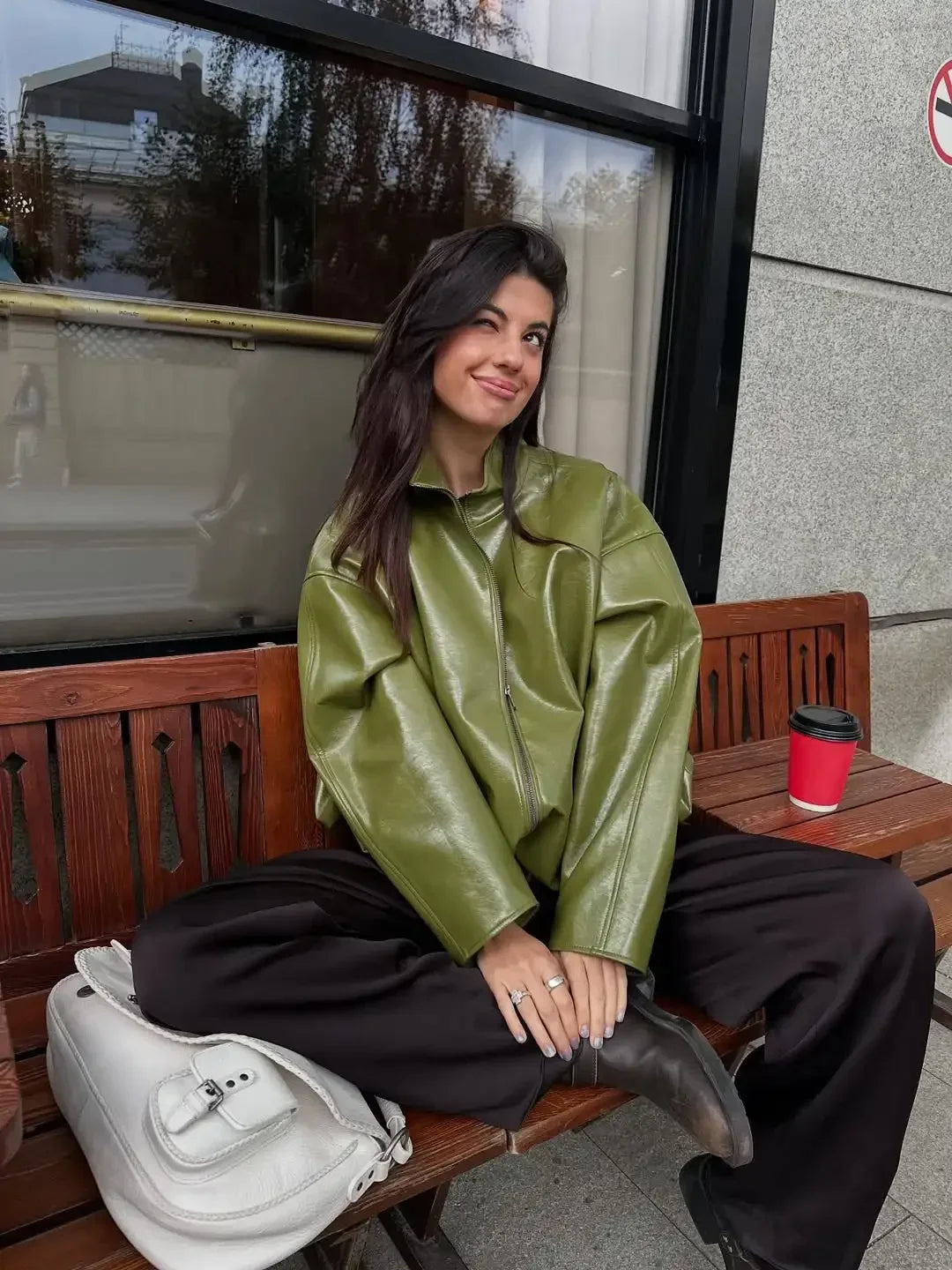 Olive Green Solid Leather Jacket