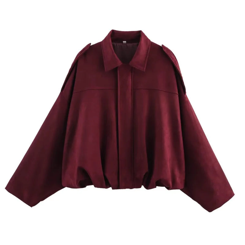 women's suede texture effect Loose version of fashion lapel shoulder bomber jacket