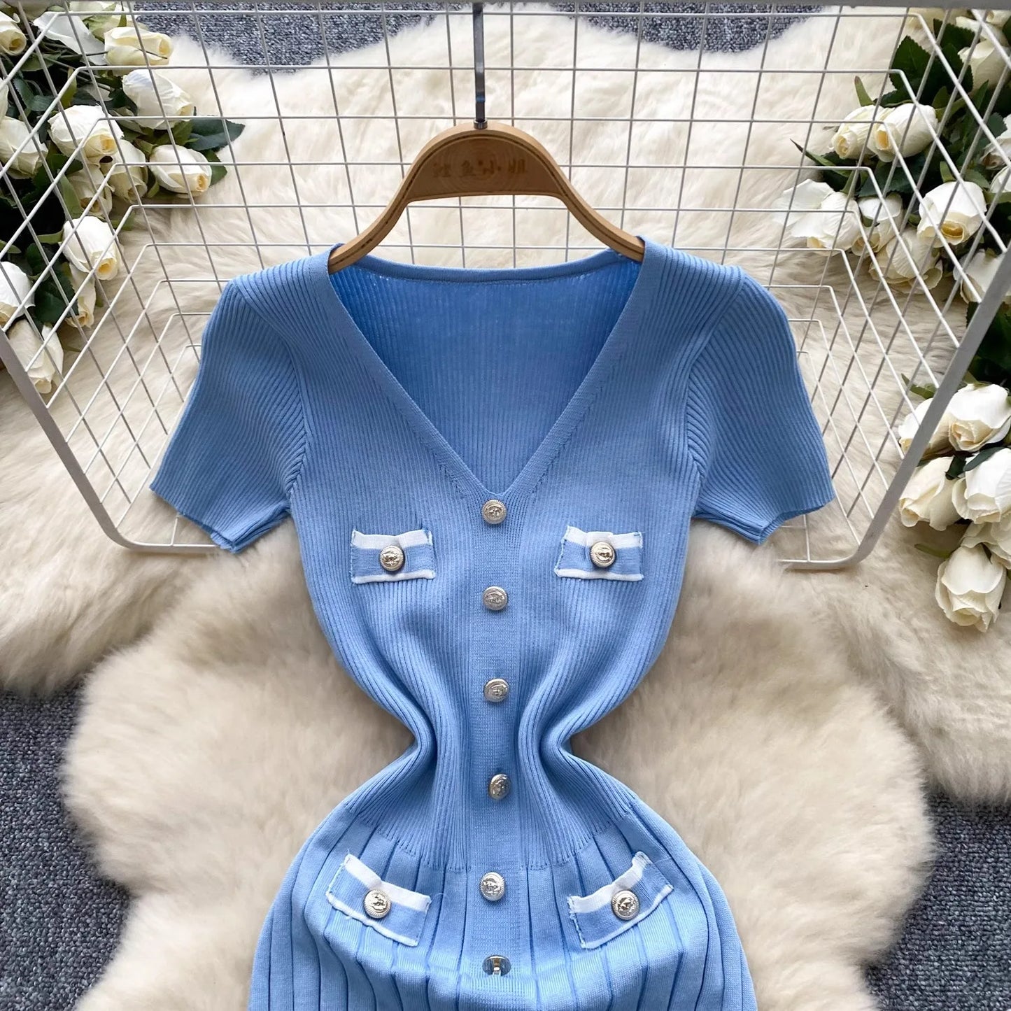 Knitted Dress Women V-neck Short Sleeve Bodycon