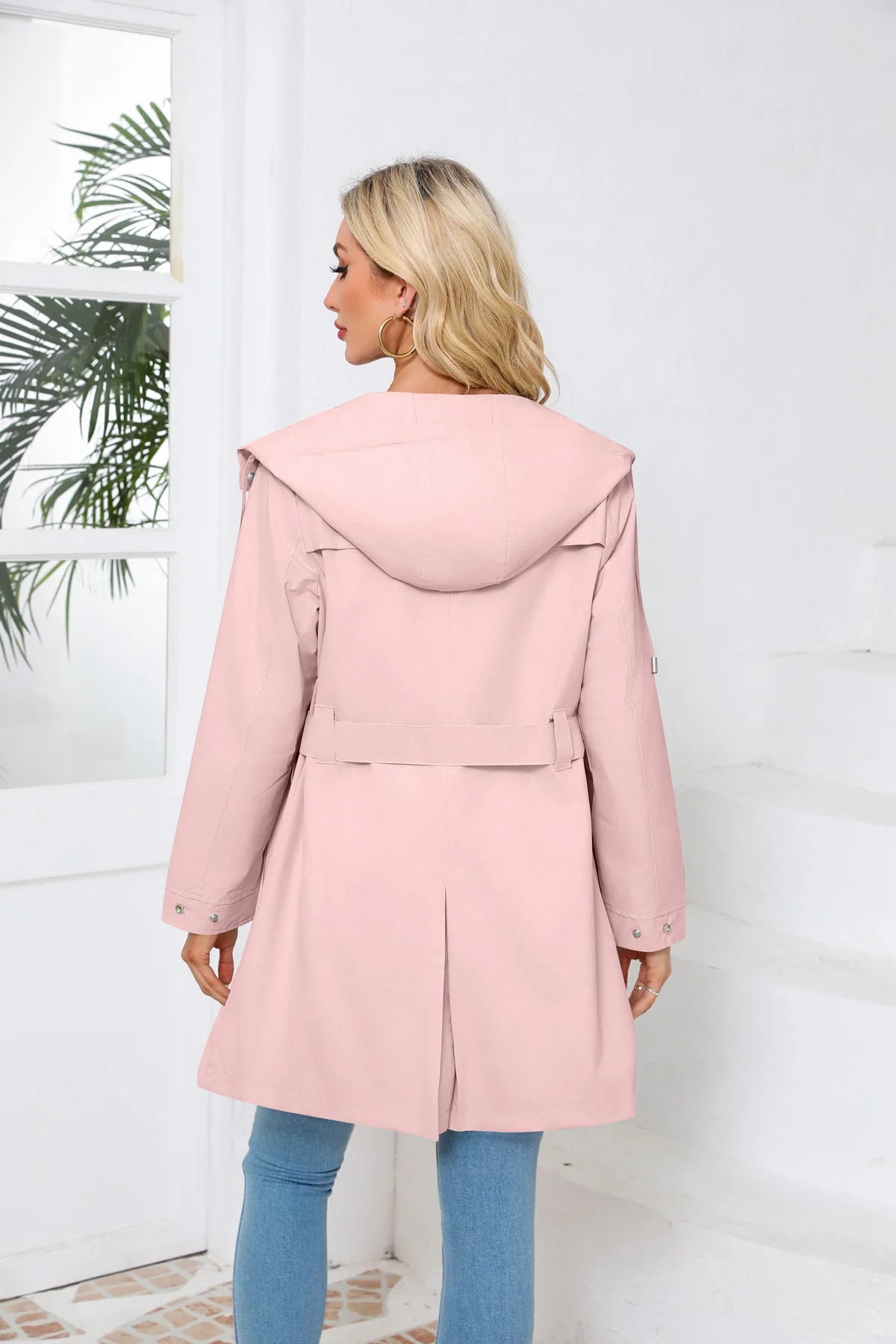 Hooded Water-repellent Jacket with Belt Thin Casual Loose Trench Coat