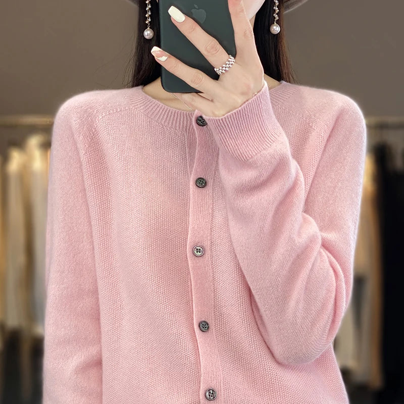 Cardigan Sweater O-Neck Button 100% Merino Wool