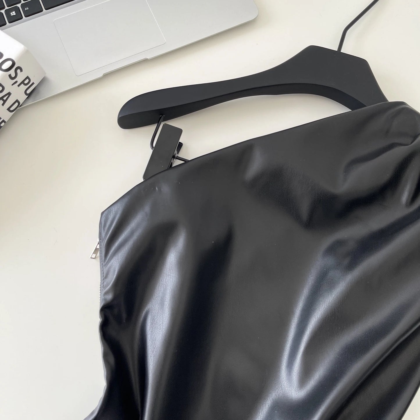 SINGREINY One Shoulder PU Leather Tank