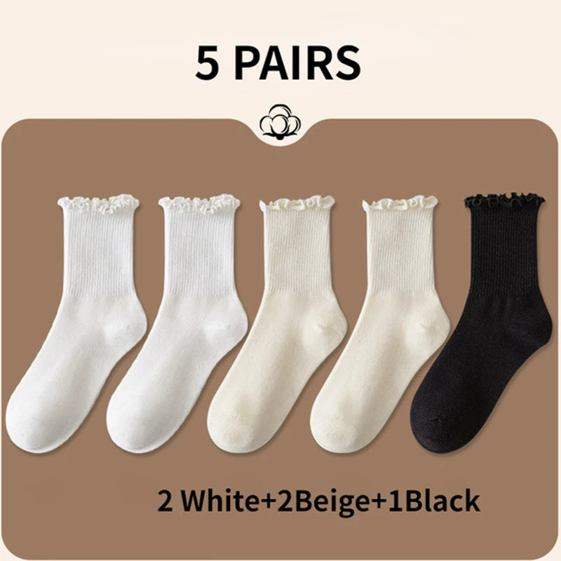 5 pair /Lot Socks for Women Ruffle Cotton Middle Tube Ankle