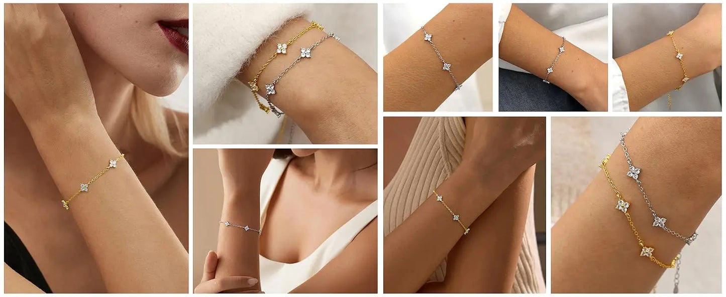 925 Silver Plated Cz Four-leaf Flower Bracelet