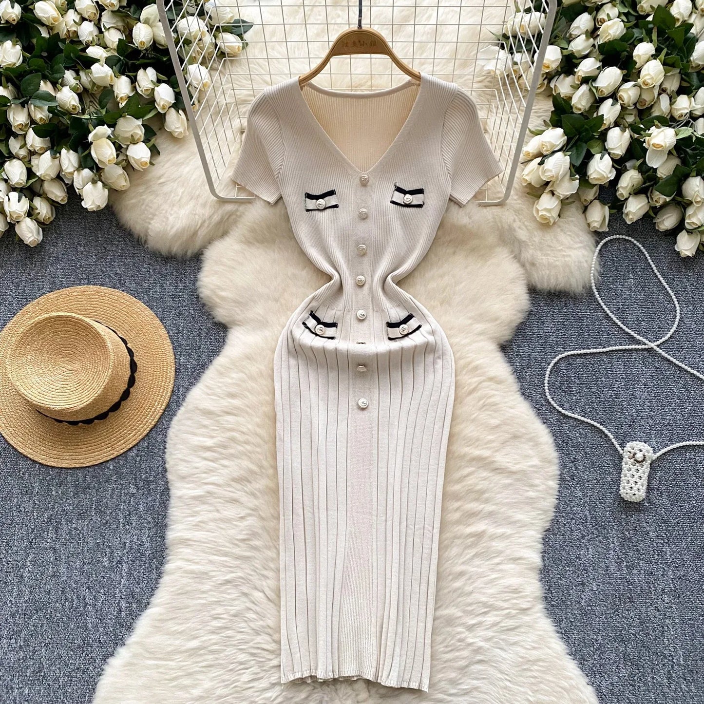 Knitted Dress Women V-neck Short Sleeve Bodycon