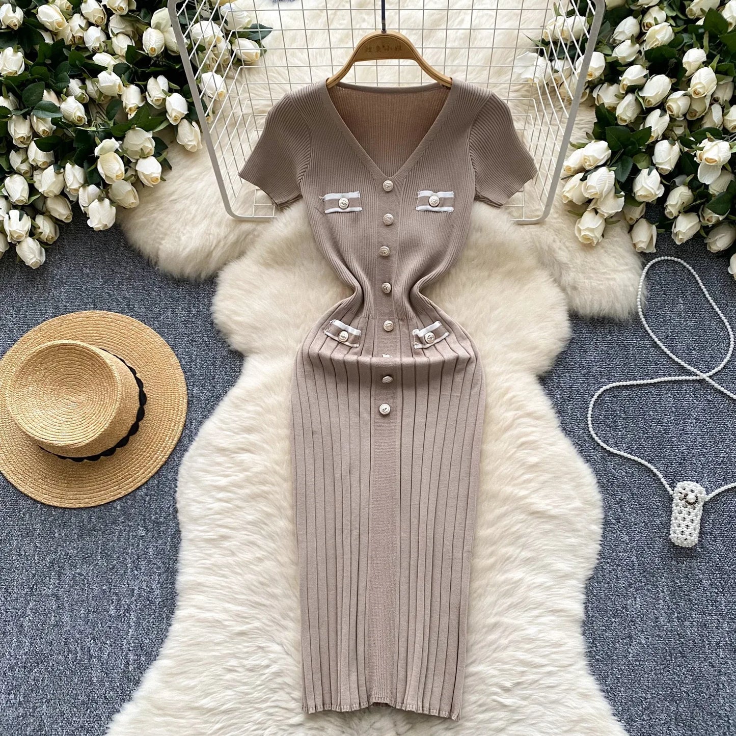 Knitted Dress Women V-neck Short Sleeve Bodycon