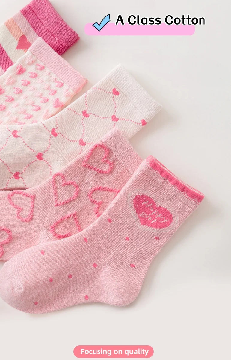 Baby Girls Cotton Socks 5 Pairs Pink Sweet Love Pattern