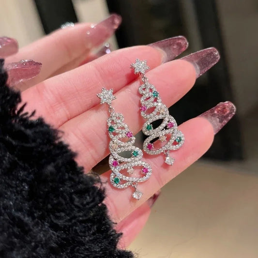Zircon Christmas Tree Earrings Rhinestone Xmas Tree