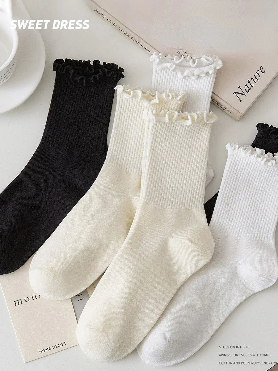 5 pair /Lot Socks for Women Ruffle Cotton Middle Tube Ankle