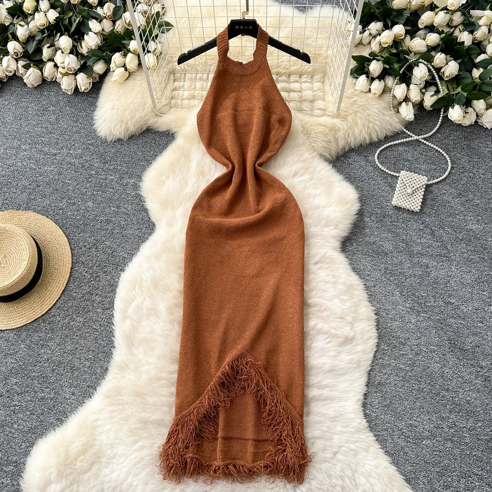 Sexy Halter Tassels Split Sleeveless Bodycon