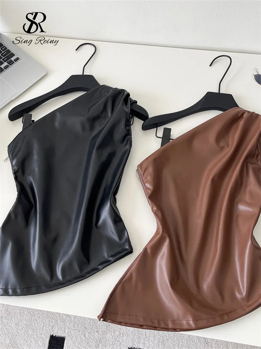 SINGREINY One Shoulder PU Leather Tank