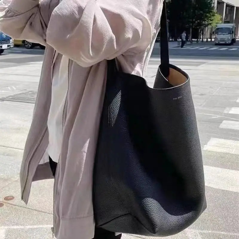 Soft Leather Bucket Bag Large Capacity Commuter Women's Single Shoulder Handbag Neutral Minimalist Style Open Pocket Design