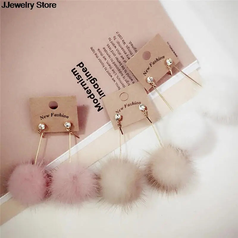1Pair Soft Fur Ball PomPom Long Drop Earrings