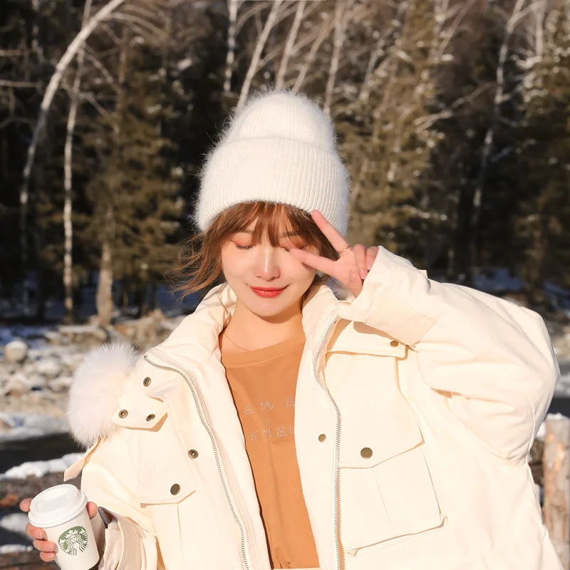 Winter Angola Rabbit Fur Knitted Beanies