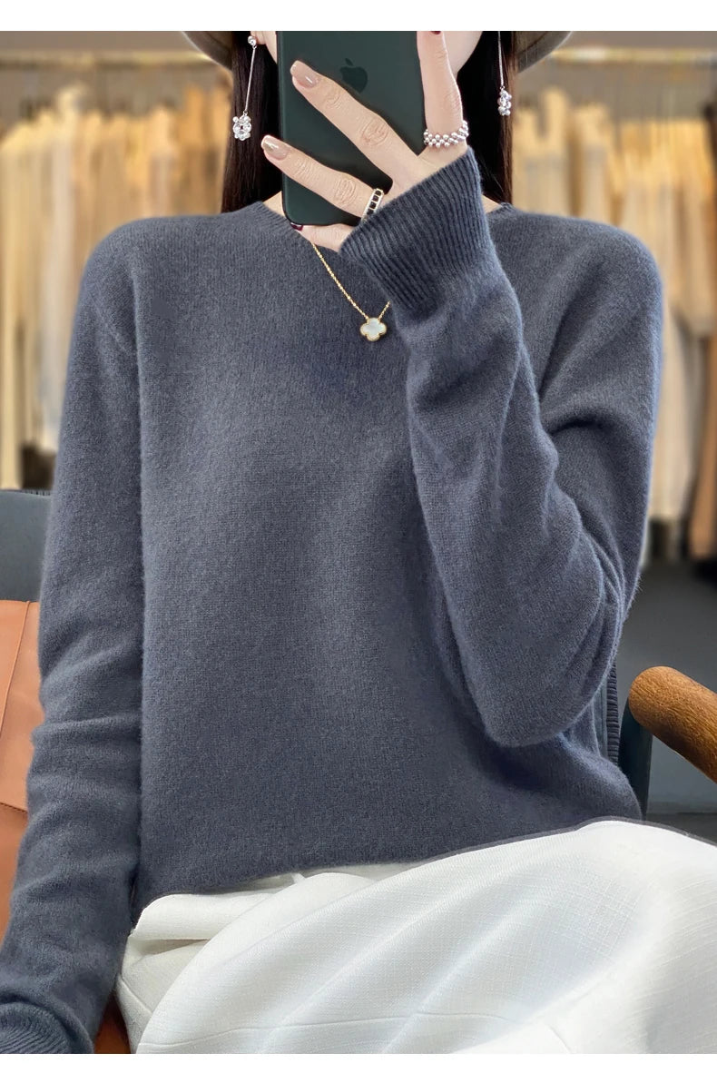 Wool Round Neck Top Fashion Versatile Knitted Loose Long Sleeve