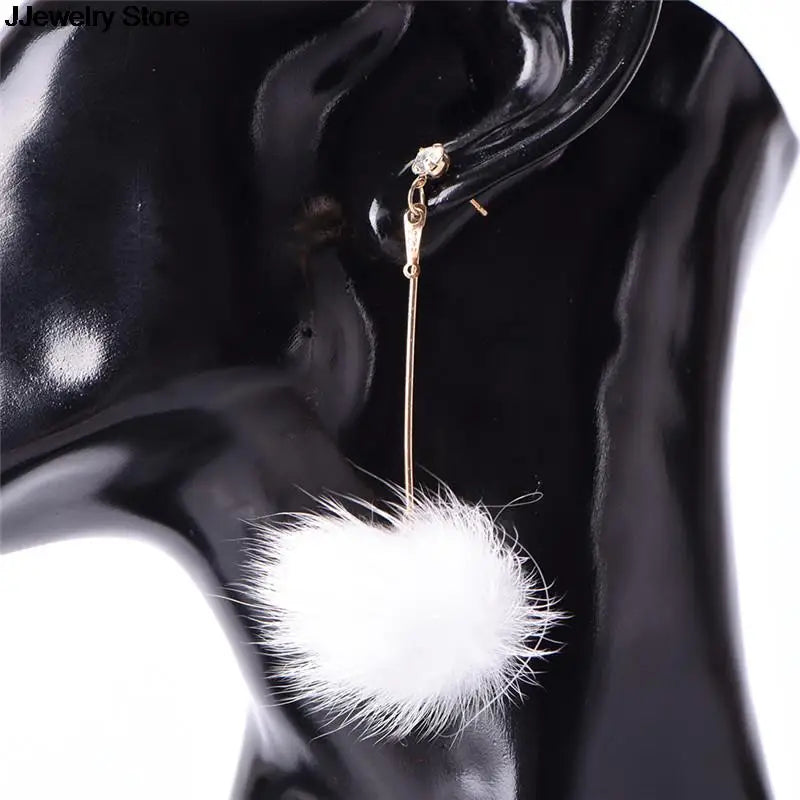 1Pair Soft Fur Ball PomPom Long Drop Earrings
