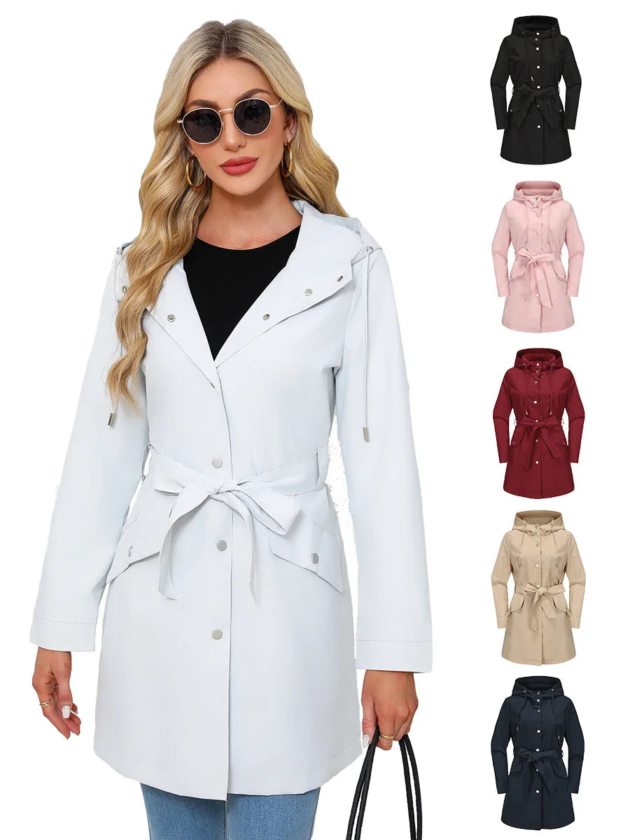 Hooded Water-repellent Jacket with Belt Thin Casual Loose Trench Coat